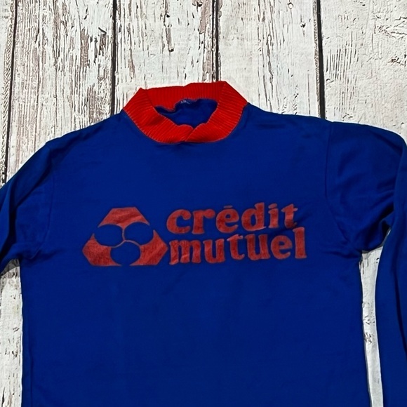 Vintage 80s Credit Mutuel Soccer Blue Sports 1980s Jersey Shirt - Picture 2 of 6